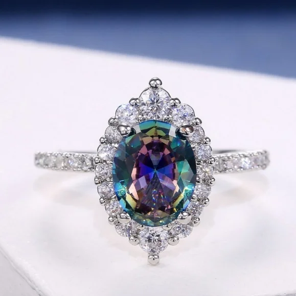 Oval Mystic Topaz Diamond Halo Silver Tone Ring - Picture 3 of 4